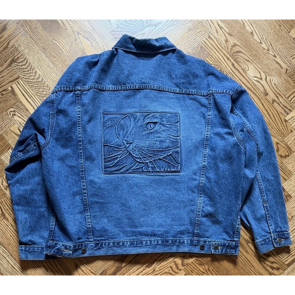 Denim Jacket 2XL Embossed Cat Graphic Back Vintage Style Y2K Trucker